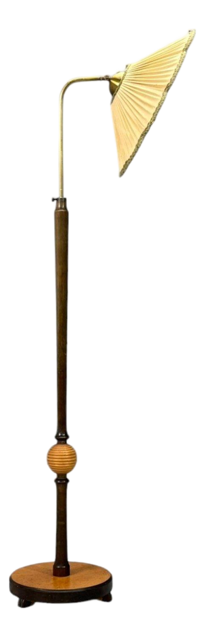 Swedish Art Deco, Adjustable Floor Lamp, Birch, Brass, Fabric, Sweden, 1930s