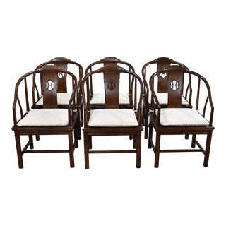 Henredon Pan Asian Barrel Back Caned Dining Chairs W/Cushions-Set of 6 For Sale