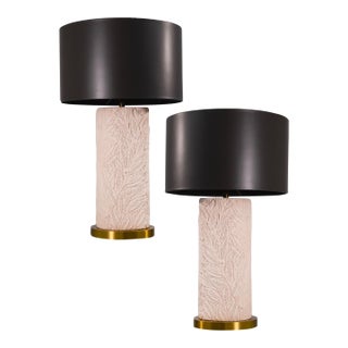 Pink Ceramic Flower and Leaf Motif Table Lamps With Vinyl Shades - a Pair For Sale