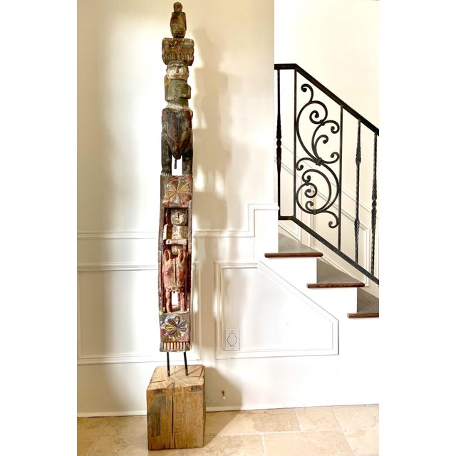 Wood Antique Burmese Architectural Carved and Polychromed Wood Pole Southeast Asia For Sale - Image 7 of 16