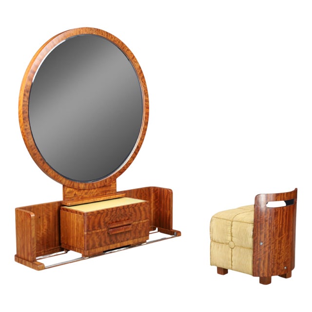 Art Deco French Vanity with Sliding Center Cabinet and Stool, 1930s, Set of 2 For Sale