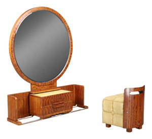 Art Deco French Vanity with Sliding Center Cabinet and Stool, 1930s, Set of 2