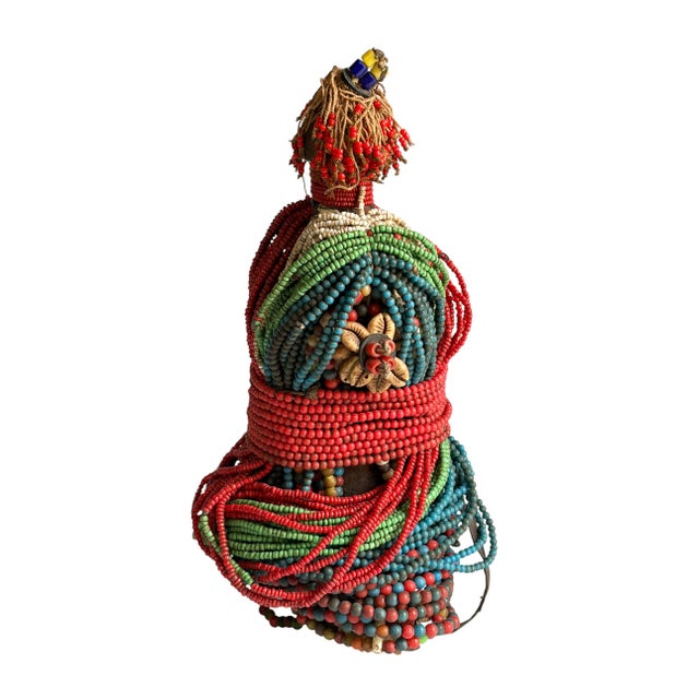 Superb vintage African Fali Namji fertility doll decorated with multiple layers of trade glass beads and cowrie shells,...