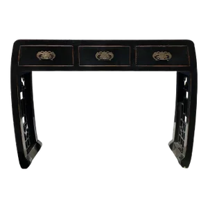 Black Lacquer Curve Panel Legs 3 Drawers Slim Foyer Side Table