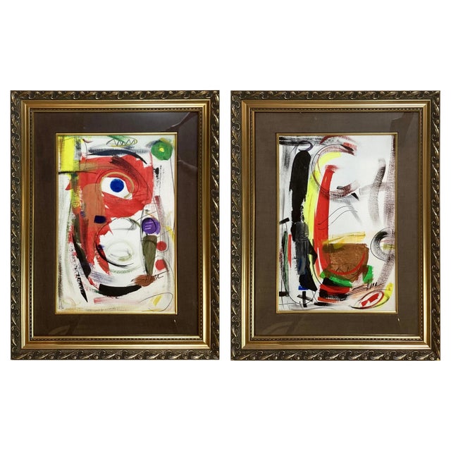 Framed Abstract Paintings on Paper, Mid 20th Century - A Pair For Sale - Image 13 of 13