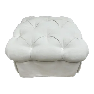 Contemporary Tufted White Ottoman in Pure-White Linen
