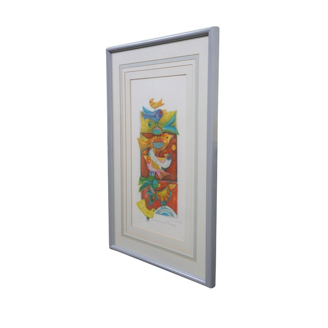 Modern 1970s Judith Bledsoe Signed Charm of Finches Stacked Birds Lithograph Print 29" For Sale - Image 3 of 12