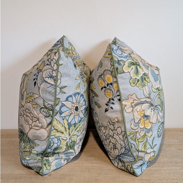 Chinoiserie Thibaut Peony Garden Pillows in Spa Blue - Pair For Sale - Image 3 of 7