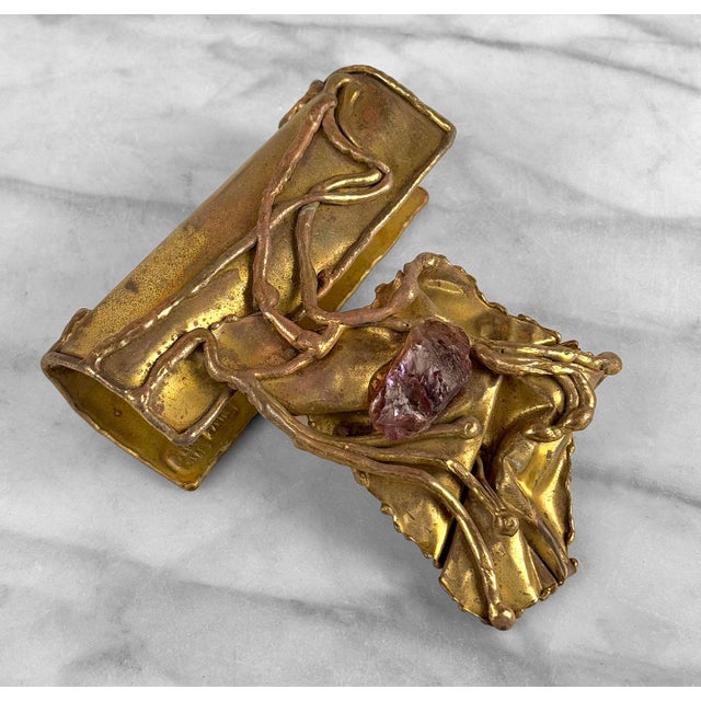1970s Vintage Brazilian Brutalist Brass & Amethyst Hand Bag Purse Clasp Topper For Sale - Image 5 of 9