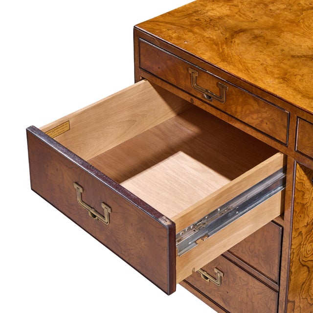 Wood John Widdicomb Mid Century Burlwood and Brass Campaign Executive Desk For Sale - Image 7 of 11