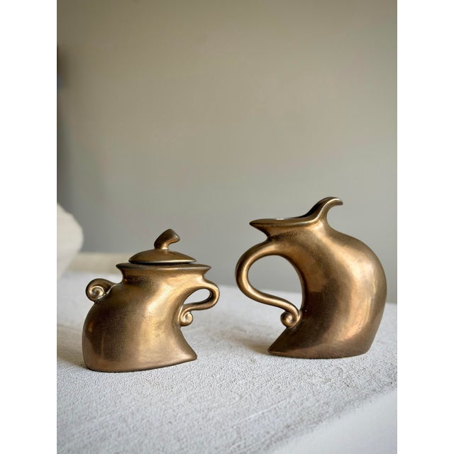 Vintage Michael Lambert Bronze Glazed Sculptural 2-Piece Tea Set Signed Studio Pottery Collection For Sale - Image 10 of 12