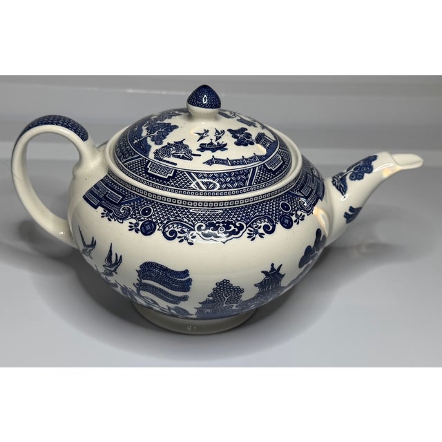 Chinoiserie Vintage Blue Willow Teapot – Made in England Cobalt Transferware For Sale - Image 3 of 9