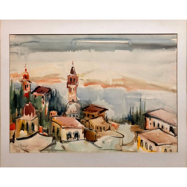 Modern Mordechai Avniel, 1940s Israeli Modernist Watercolor Painting Harbor Landscape Bezalel School For Sale - Image 3 of 6