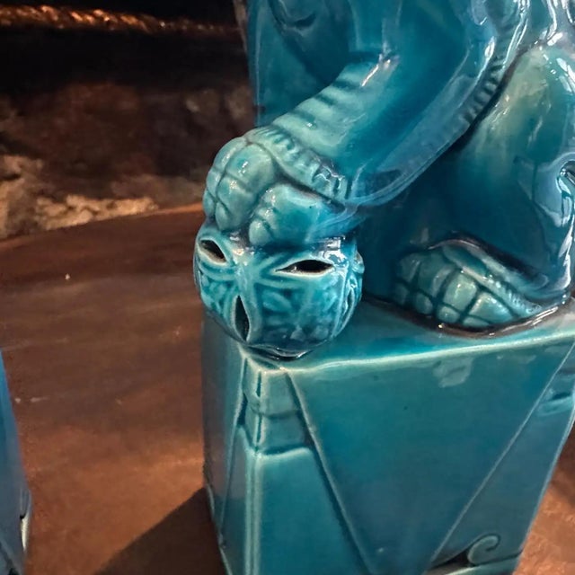 Chinese A Pair of 1960s Turquoise Glazed Ceramic Chinese Pho Dogs For Sale - Image 3 of 12