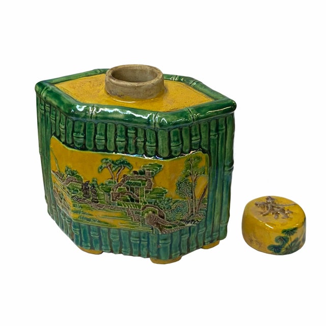 2020s Chinese Yellow Green Scenery Theme Rhombus Ceramic Jar For Sale - Image 5 of 6