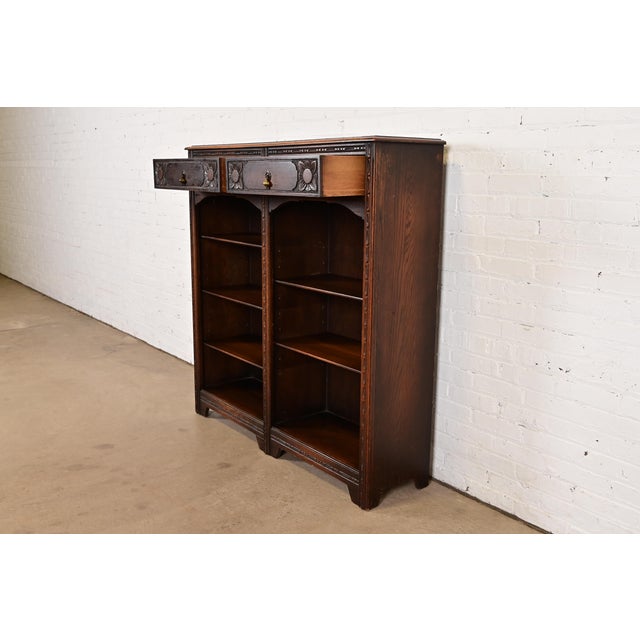 Lifetime Antique Arts & Crafts Carved Oak Double Bookcase, Circa 1900 For Sale In South Bend - Image 6 of 15