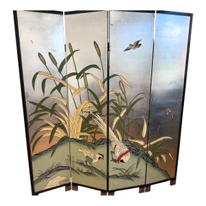 Vintage Oriental Silver Leaf and Black Chinoiserie Four Panel Room Divider Folding Screen