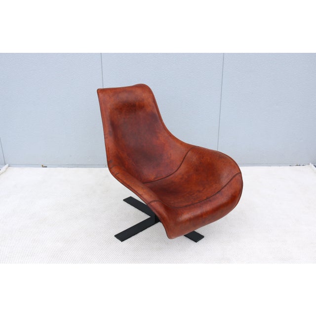 Metal Antonio Citterio for B&b Italia Patinated Cognac Leather Mart Swivel Armchair For Sale - Image 7 of 18