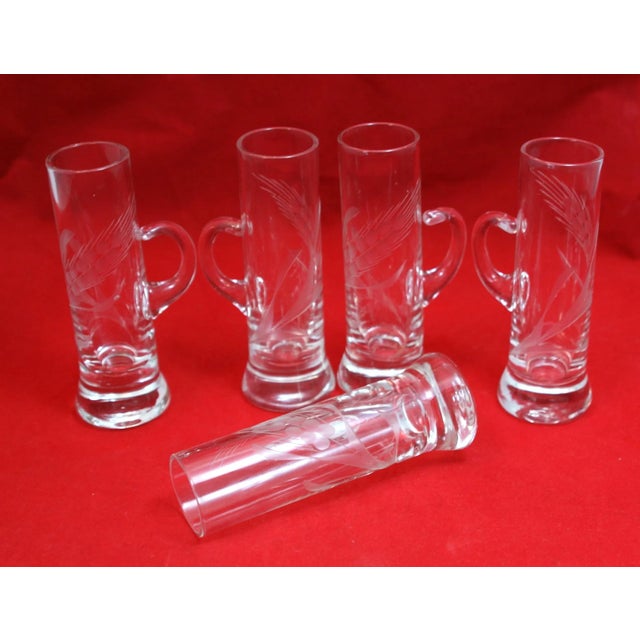 Mid Century Hand Blown Crystal Etched Vodka Cordial Glasses With Applied Handles- Set of 5 For Sale - Image 9 of 12