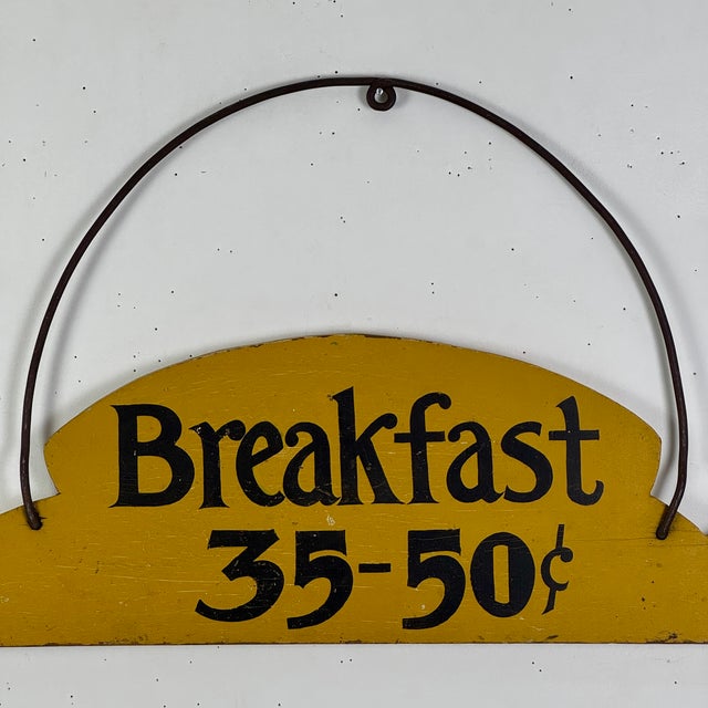 A Whimsical Vintage Wood Sign Advertising "Breakfast 35-50c" With Arching Metal Hook, Double Sided For Sale - Image 4 of 9