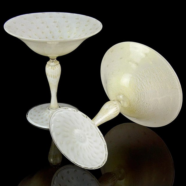Mid-Century Modern Vintage Murano Gold Flecks White Bubbles Italian Art Glass Martini Shape Compote Bowl, Barbini Salviati For Sale - Image 3 of 4