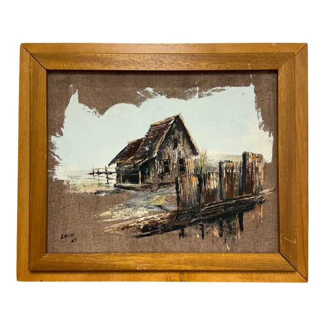 Artist Lace Framed Rustic Barn Painting, Circa 1963 For Sale