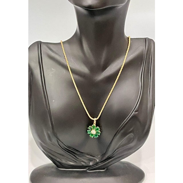 Emerald and Solitaire Diamonds Flower Pendant Necklace 14 Karat Yellow Gold For Sale - Image 13 of 18