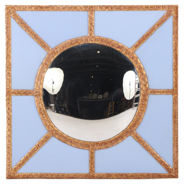 Mid-Century Modern A Bold Geometric Blue Glass and Gold Resin Convex Wall Mirror For Sale - Image 3 of 7