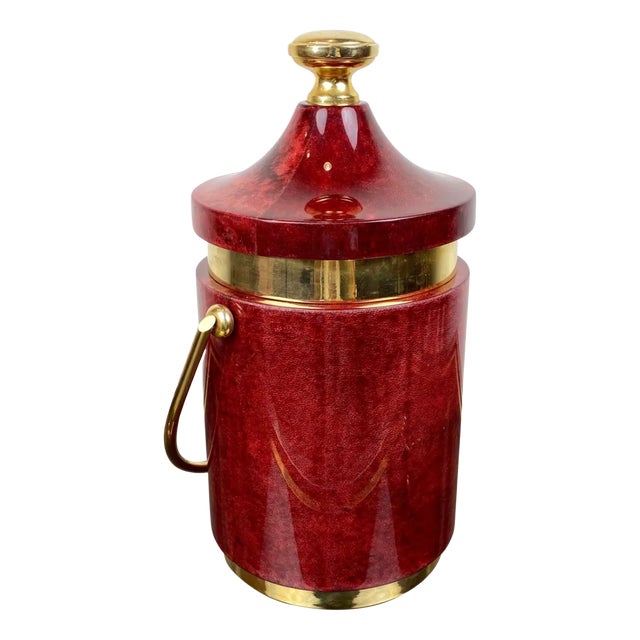 Red Goatskin & Brass Ice Bucket by Aldo Tura, Italy, 1960s For Sale