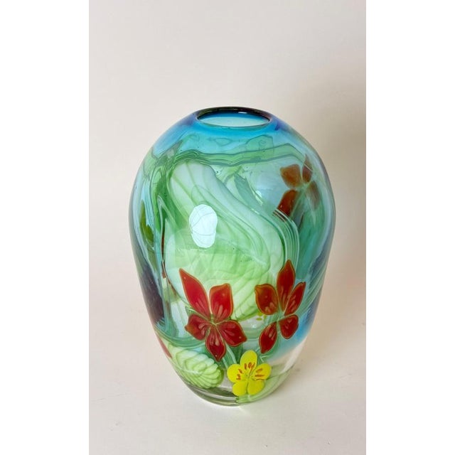 Aquamarine Murano Glass Vase with Star-Shaped Florals by Berit Johansson, 1980s For Sale - Image 14 of 18