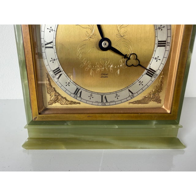 Metal Vintage Elliott London Green Onyx 8-Day Mechanical Mantel Clock – Made in England For Sale - Image 7 of 12