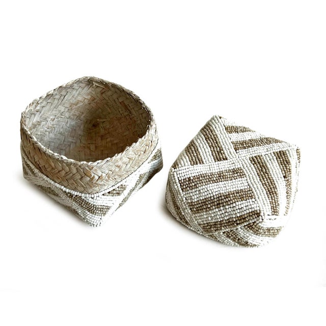 Bamboo Beaded Box Tan & White X-Small For Sale - Image 4 of 8