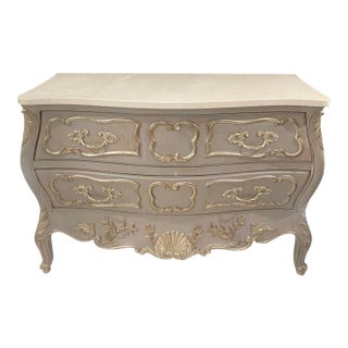 Vintage Italian Hand-Carved Louis XV Style Shaped Chest With White Italian Marble Top Sign. For Sale