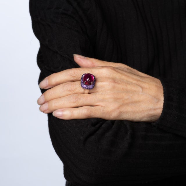 Raspberry Pink Rubellite Purple Sapphire Ring Estate 18k White Gold Sz 6.5 Cocktail Jewelry For Sale - Image 8 of 9