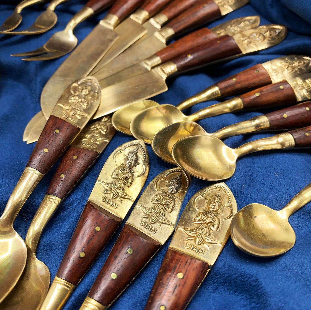 Mid-Century Siam Brass and Rosewood Flatware Set - 30 Pieces