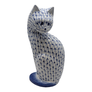 Vintage MCM Andrea by Sadek Porcelain Hand Painted Blue White Fishnet Cat Figurine