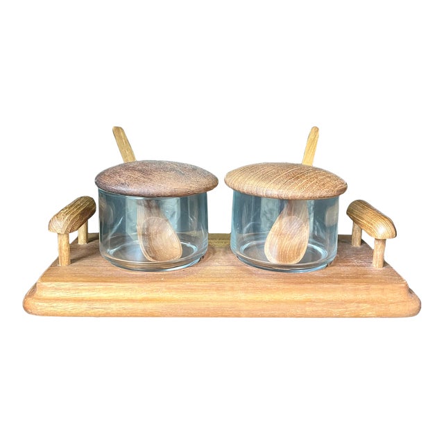 Late 20th Century Teak Serving Tray with Glass Serving Bowls with Teak Lids and Spoons Designed by Good Wood- 3 Pieces For Sale