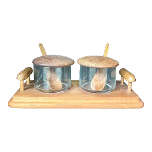 Late 20th Century Teak Serving Tray with Glass Serving Bowls with Teak Lids and Spoons Designed by Good Wood- 3 Pieces