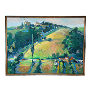 1980's Acrylic Framed Italian Landscape Framed Painting, Signed on Revers