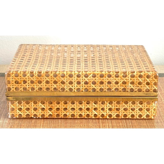 French Vintage Dior Vienna Straw/Cannage Lucite Brass Box Large For Sale - Image 3 of 10