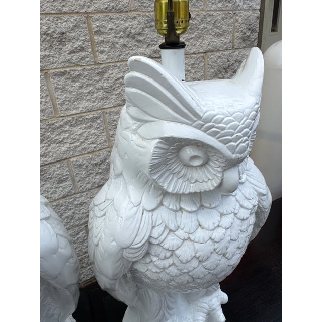 Ceramic Vintage Hollywood Regency White Ceramic Owl Table Lamps - Pair For Sale - Image 7 of 12