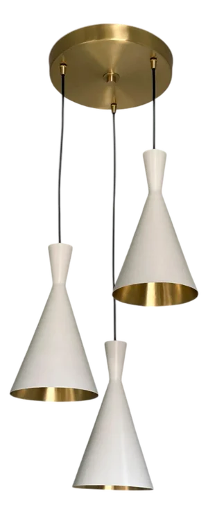 Modern Handmade Brass Triple Cone White & Gold Chandelier Minimalist Hanging Light Fixture