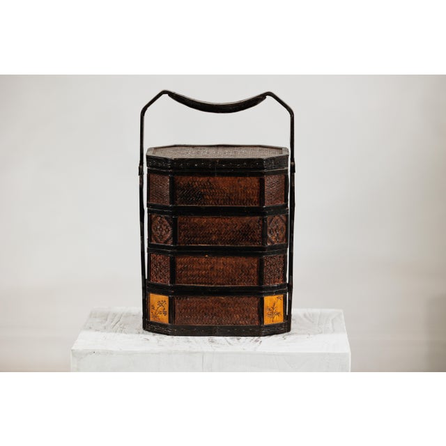 Mid 20th Century Chinese Hexagonal Four-Tier Woven Bamboo Basket with Carved Handle For Sale - Image 13 of 18