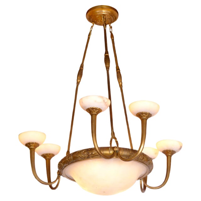 Art Deco Alabaster Chandelier with 3 Double Arms, 1920s For Sale