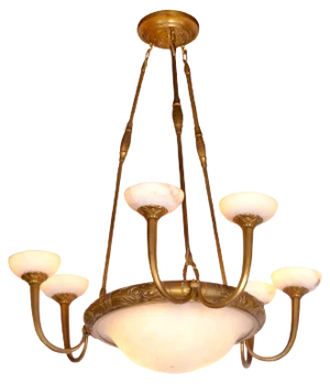 Art Deco Alabaster Chandelier with 3 Double Arms, 1920s