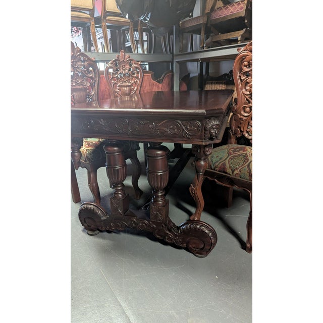 Brown 1970s Carved Tressel Table and 4 Chairs - Set of 5 For Sale - Image 8 of 10