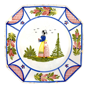 Antique Hb Quimper Octagonal Plate – Hand-Painted French Faience With Bretonne Woman