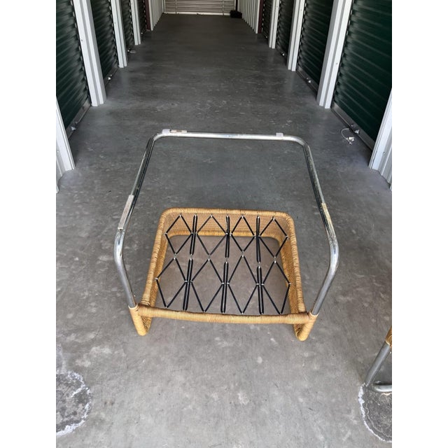 Harvey Probber Style Vintage Unmarked Chrome Tube Cantilever Wicker Lounge Arm Chairs For Sale - Image 9 of 12