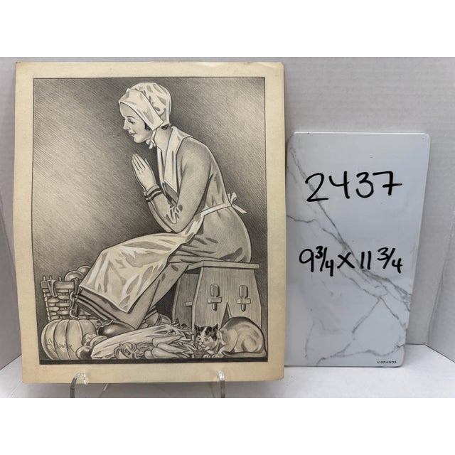 1940s Original Signed Graphite Illustration of Praying Woman With Harvest Still Life, 11.75 X 9.75 In. For Sale In Atlanta - Image 6 of 6