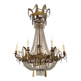 18th Century Large Scale Italian Empire Gilt Tole and Crystal Chandelier For Sale